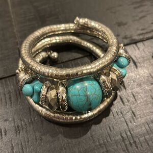 Silver & Turquoise Mixed Media Wrap Stretch Adjustable Western Boho Bracelet